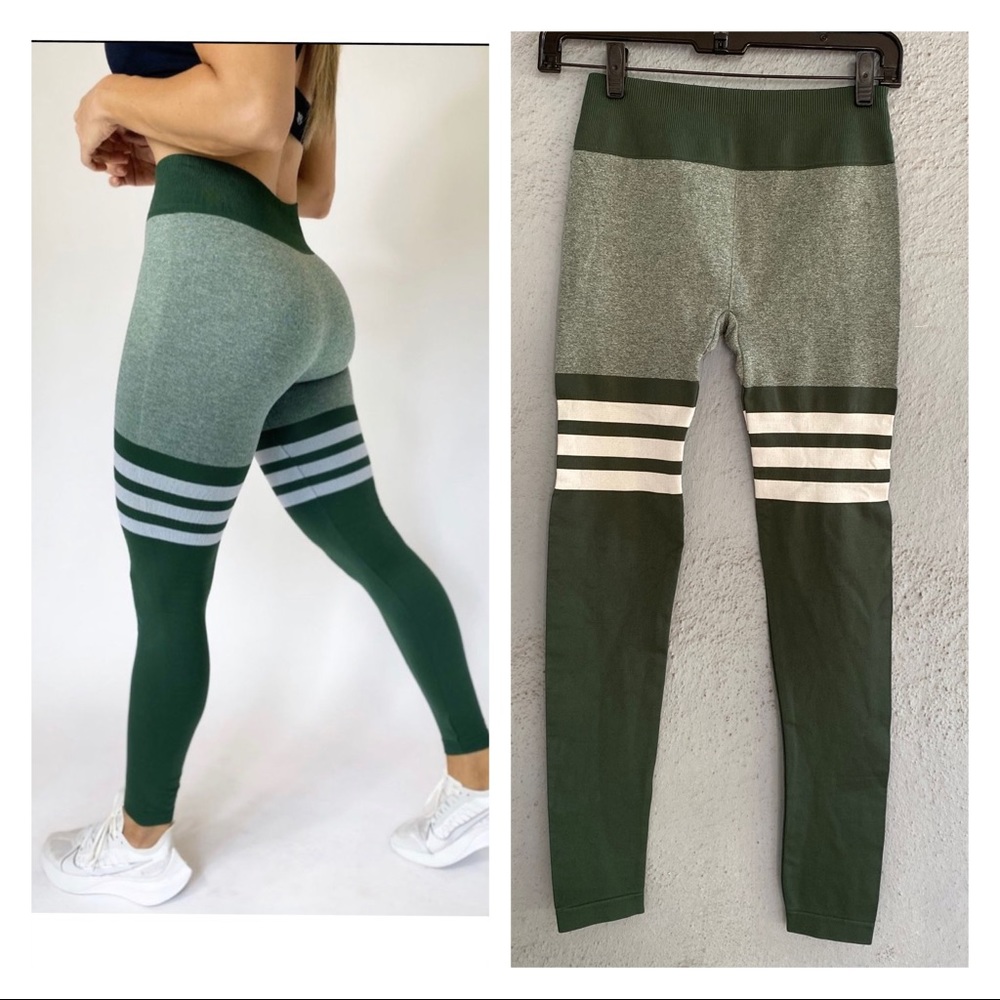 Women’s White Striped Green Performance Leggings L